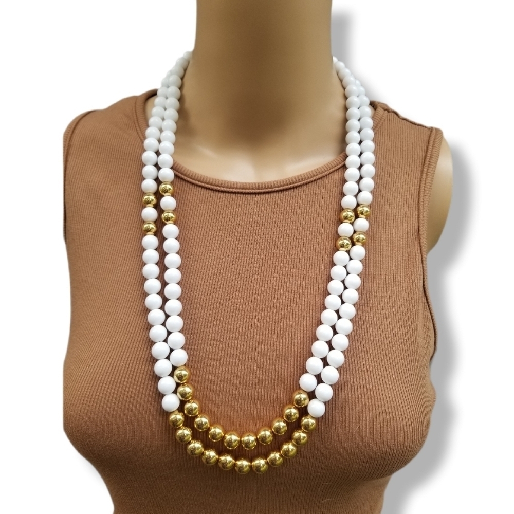 NAPIER VINTAGE 1980s LONG DOUBLE STRAND LAYERED WHITE & GOLD BEAD NECKLACE